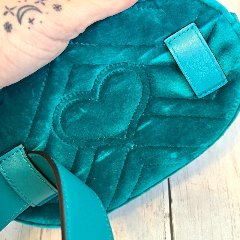 Gucci GG Marmont Authentic Monogram Floral Embroidered Teal Chevron Belt Bag NEW - Picture 10 of 15
